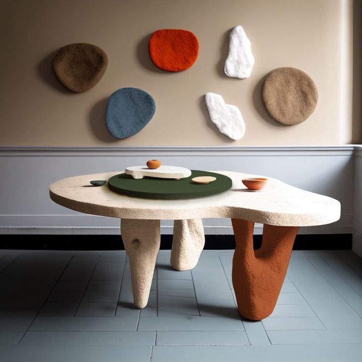 Sculptural Organic Centerpiece Table with Textured Plaster Finish and Asymmetrical Terracotta Leg